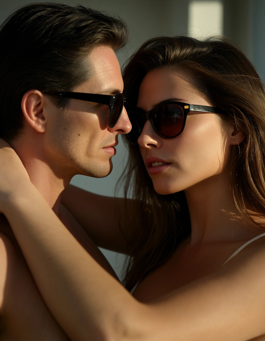 studio quality, sharp focus, couple, futanari, sunglasses, sunlight, dslr quality, score_9, score_8, candid photo, realistic skin texture, visible skin pores, film grain, depth of field