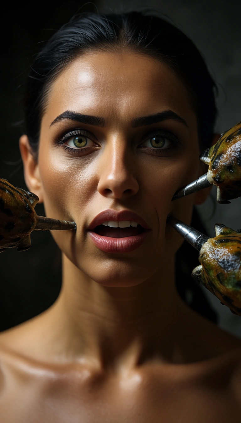 3 monsters are drilling all holes of a arab girl_on_top, score_9, score_8, candid photo, realistic skin texture, visible skin pores, film grain, depth of field