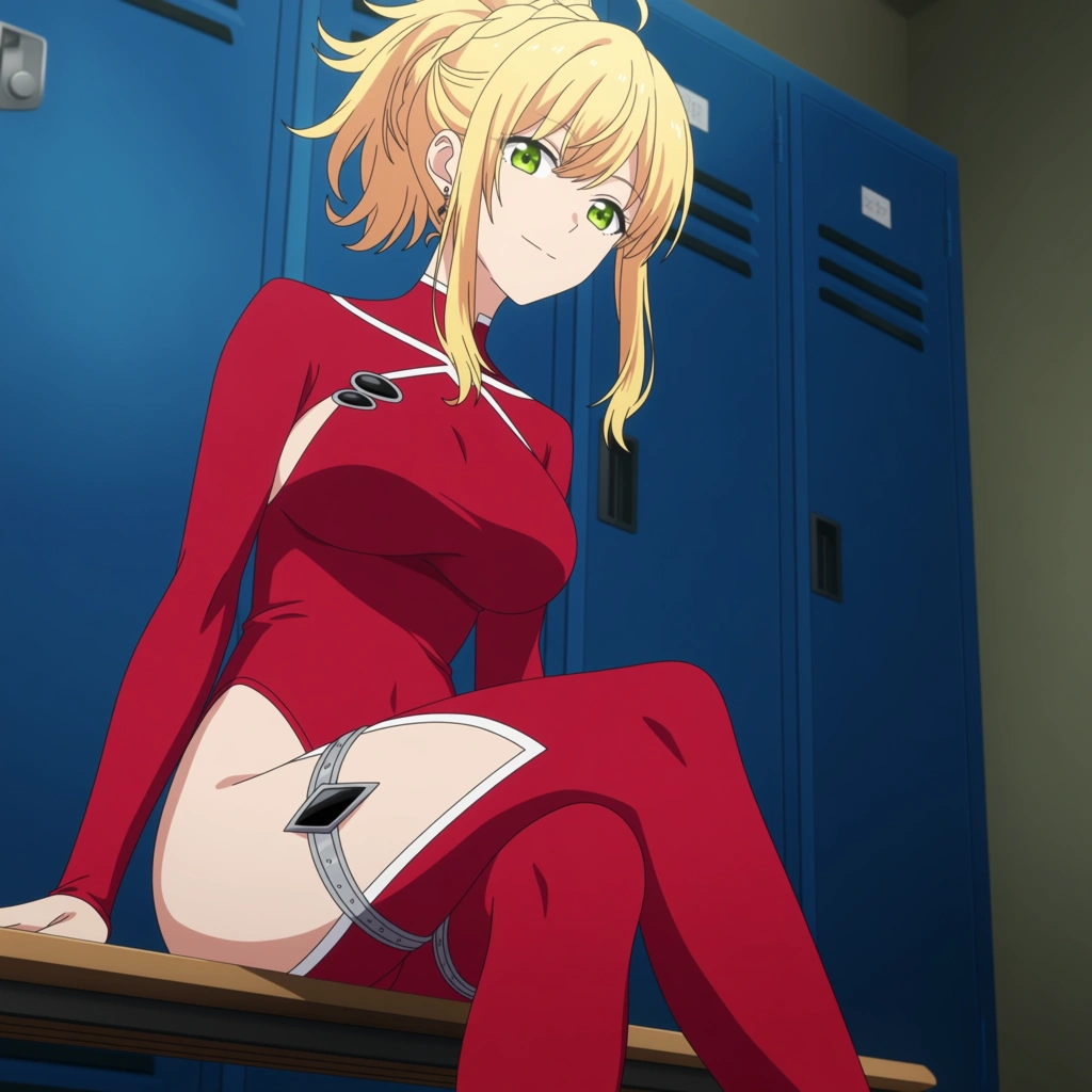 modern anime style, mature_female, blonde_hair, high_ponytail, green_eyes, wearing crimson_leotard_with_long_sleeves, silver_ankle_bracelet_with_black_diamonds, light_smile BREAK lockerroom_background, sitting on bench., (anime style:1.3), 2d, anime screencap, cel shading, flat color