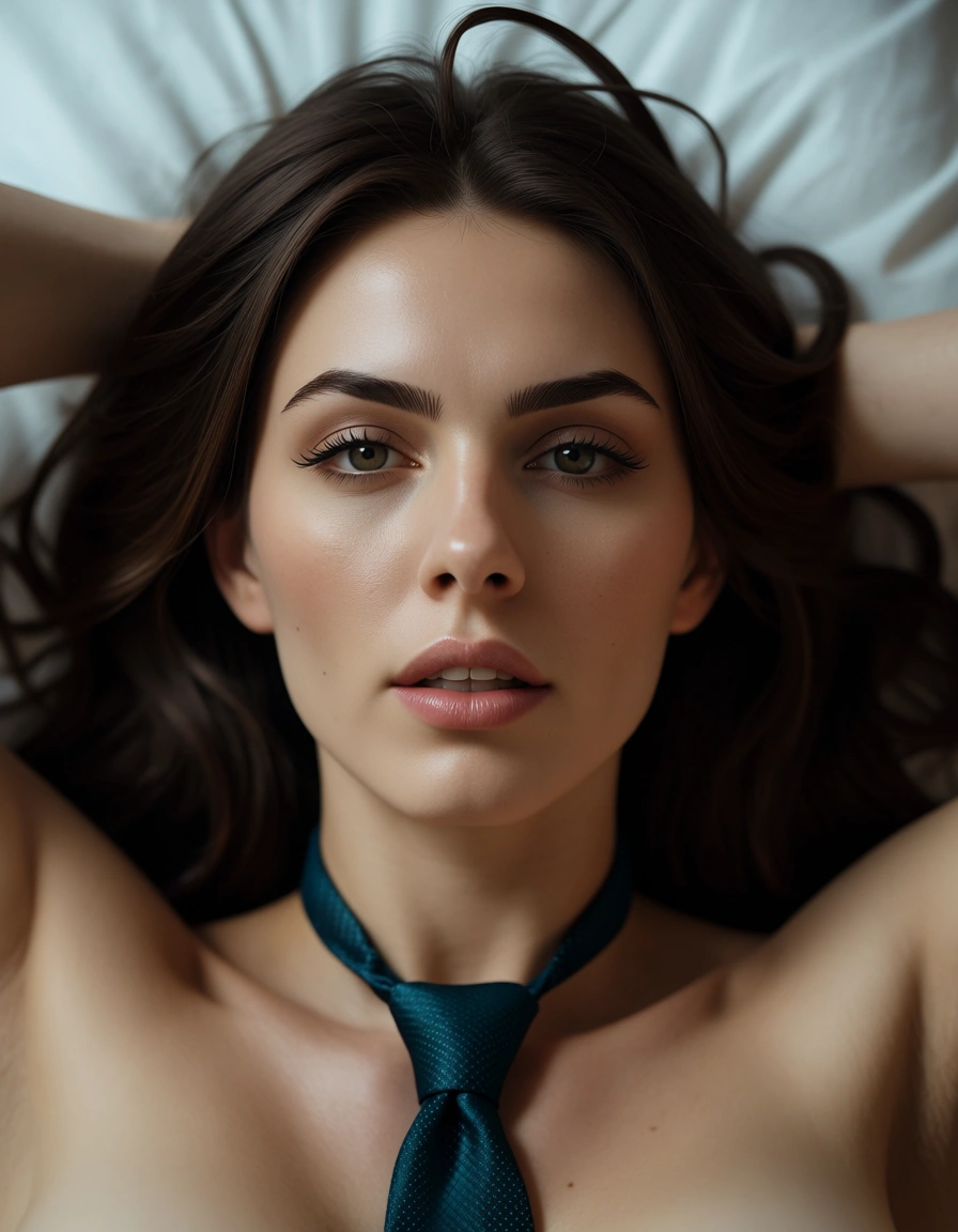 sharp focus, 8k uhd, brunette woman, ahoge, necktie, missionary, cool tones, 8k uhd photo, score_9, score_8, candid photo, realistic skin texture, visible skin pores, film grain, depth of field