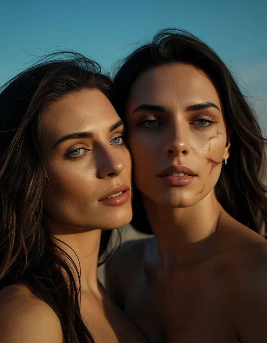 RAW photo, ultra realistic, 2women, scar, weapon, facesitting, sky, portrait, natural skin texture, score_9, score_8, candid photo, realistic skin texture, visible skin pores, film grain, depth of field