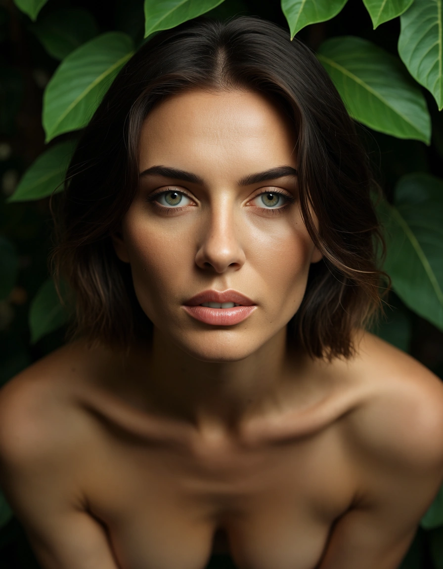 studio quality, sharp focus, POV, solo female, topless, hourglass figure, leaf, lifelike render, score_9, score_8, candid photo, realistic skin texture, visible skin pores, film grain, depth of field