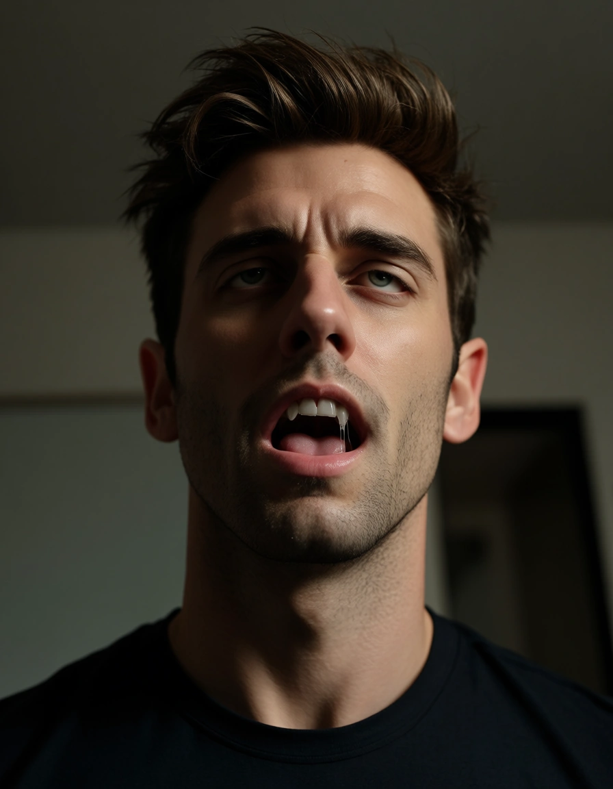 professional photo, high detail, male focus, pointy ears, shirt, ahegao, blurry background, low angle, RAW photo, score_9, score_8, candid photo, realistic skin texture, visible skin pores, film grain, depth of field