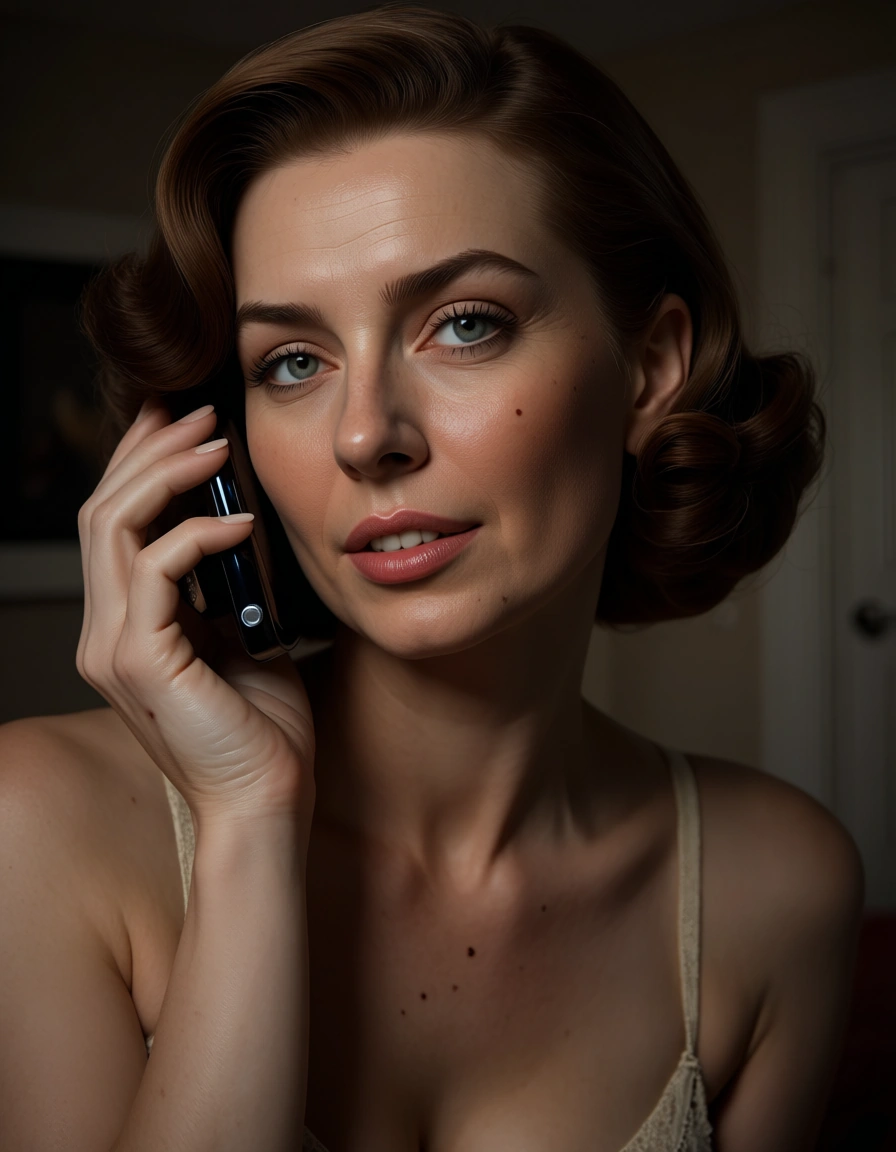 highly detailed, 1950s mature_female, score_9, score_8, amateur photo, phone snapshot, realistic skin texture, skin blemishes, soft indoor lighting