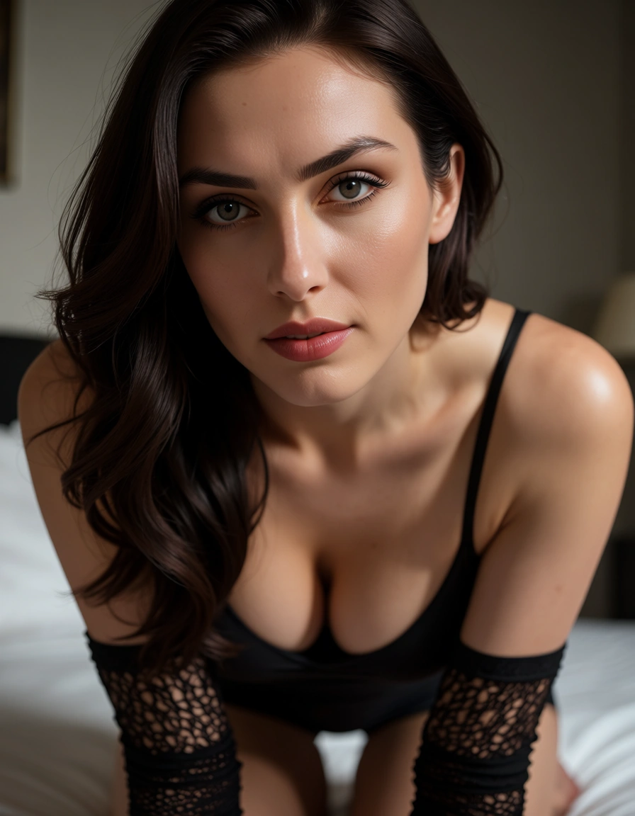 professional photo, high detail, office lady, detached sleeves, kneeling on bed, soft lighting, photorealistic, score_9, score_8, candid photo, realistic skin texture, visible skin pores, film grain, depth of field