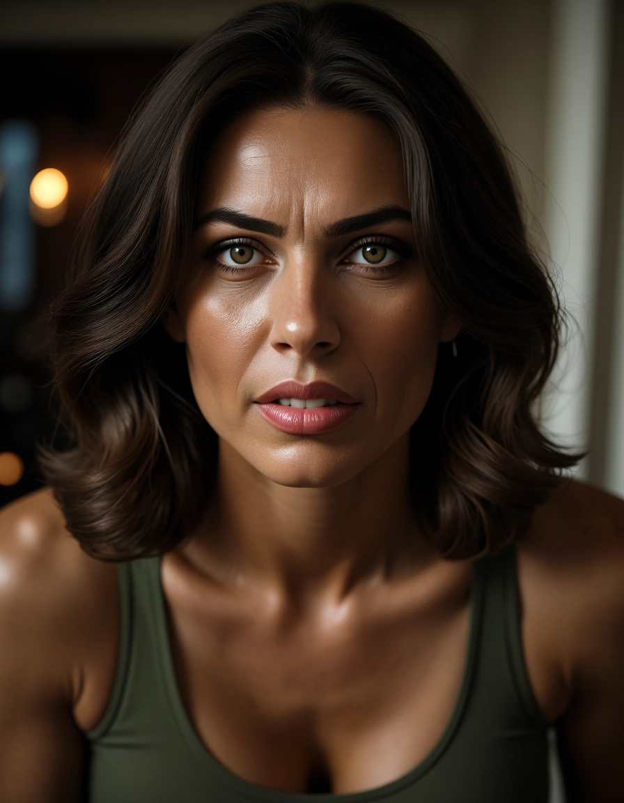 cinematic photo, 8k, mature female, facesitting, dark-skinned male, military, smoldering look, photorealistic, score_9, score_8, candid photo, realistic skin texture, visible skin pores, film grain, depth of field