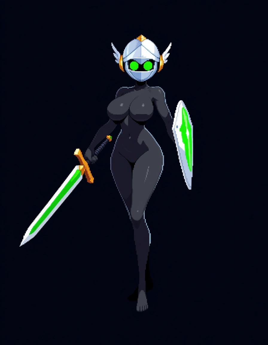 robot girl, screen face, round head, big body, naked, big breast, pixel art, holding_sword on one hand, black_body, green_eyes, knight_helmet, standing, faceless, white_face, winged_helmet, holding_shield on another hand,, hentai_studio_quality