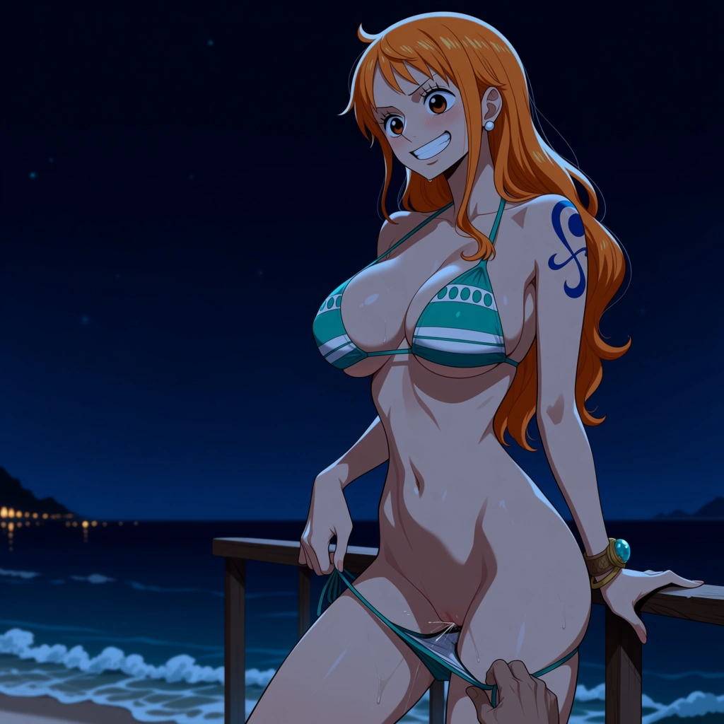 explicit anime full_body 8k, sharp focus, detailed skin, three-quarter view, one solid view, Nami from one piece wearing a skimpy bikini, long orange auburn hair, standing, at a beach at night, she smiles as she sways her hips seductively from side to side as she also unties her bikini top and bottom leaving her naked. Then a dick suddenly comes from in front and rails her bare pussy as her face shows shocked ecstasy as she climaxes, hentai_studio_quality