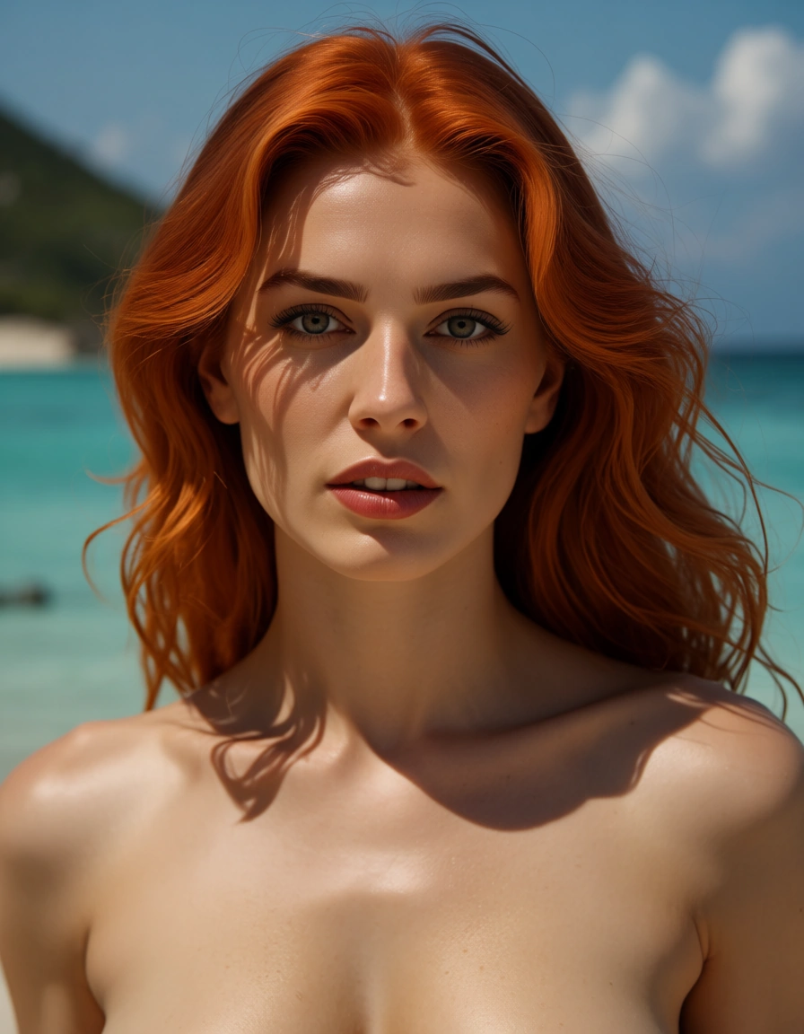 ultra HD, lifelike, 1woman, redhead, naked, cream pie, beach, Turkish face, score_9, score_8, candid photo, realistic skin texture, visible skin pores, film grain, depth of field