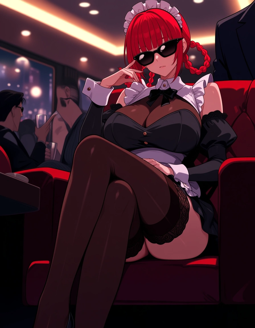 ultra detailed, maid, crossed legs, creampie, bare shoulders, red hair, indoors, anime style,masterpiece, fine detail, solo focus, facesitting, sunglasses, twin braids, explicit anime render, swettie fox, sex filmer, hentai_studio_quality, hentai_studio_quality