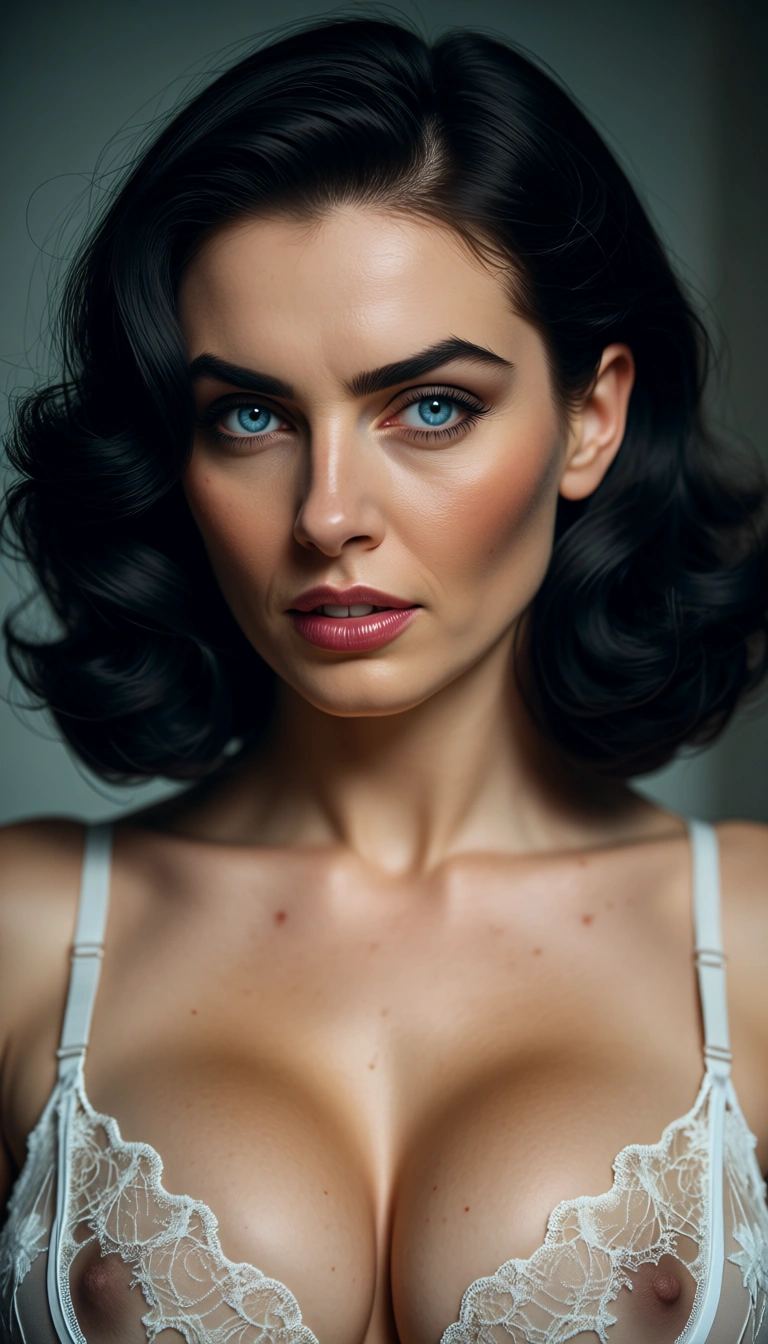 huge tits 60's dark hair blue eyes with stalkings and lingerie
