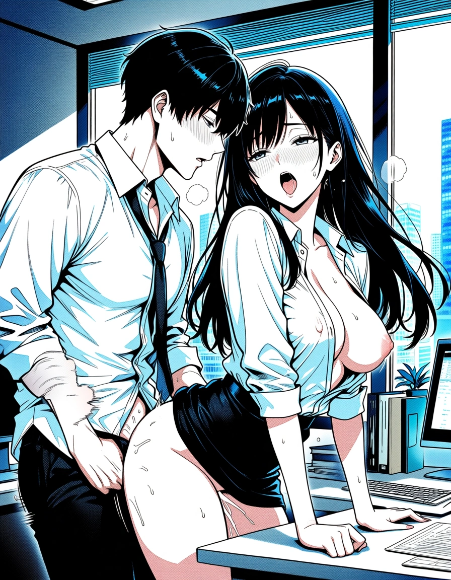colored manga page, full color, vibrant colors, detailed anime style, high quality, masterpiece, best quality, absurdres,
office setting, modern workplace, desk with computer and papers, glass windows showing city view,
1boy and 1girl, adult couple, handsome young man in slightly unbuttoned white shirt and loosened tie, 
beautiful young woman with long hair in office blouse unbuttoned and skirt hiked up,
passionate consensual sex, man standing behind her while she is bent over the desk, 
deep penetration, sweaty bodies, flushed faces, pleasure expressions, open mouth, 
her hands gripping the desk, his hands on her hips, clothes partially on, 
intimate atmosphere, soft office lighting mixed with afternoon sunlight, 
dynamic composition, detailed linework, screentone accents, manga panel layout, 
erotic but romantic mood, high detail on faces, bodies and clothing, hentai_studio_quality