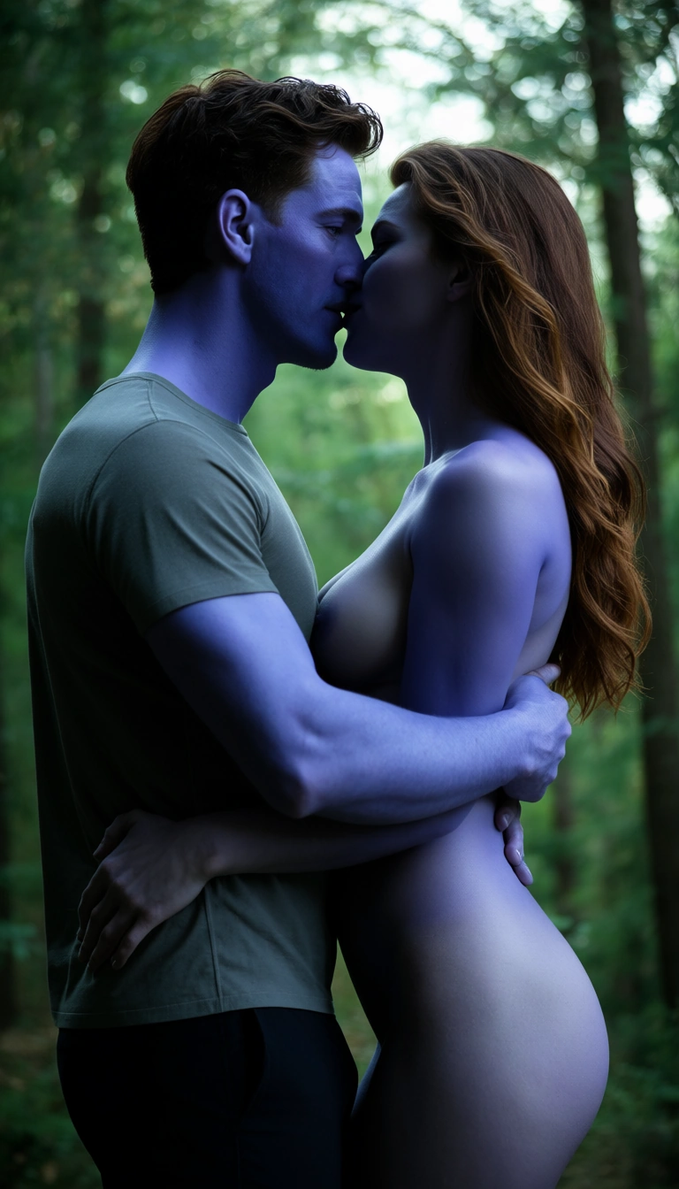cinematic photo, 8k, couple, colored skin, shirt, fully nude, tree, photorealistic