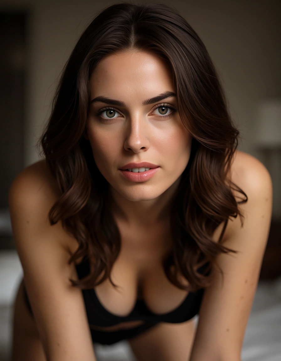 ultra HD, lifelike, brunette woman, alternate costume, doggy style, cinematic realism, score_9, score_8, candid photo, realistic skin texture, visible skin pores, film grain, depth of field