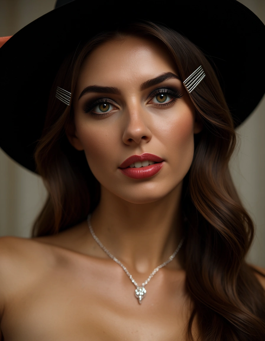 ultra HD, lifelike, demon girl, hairclip, hat, topless, volumetric light, photorealistic, score_9, score_8, candid photo, realistic skin texture, visible skin pores, film grain, depth of field