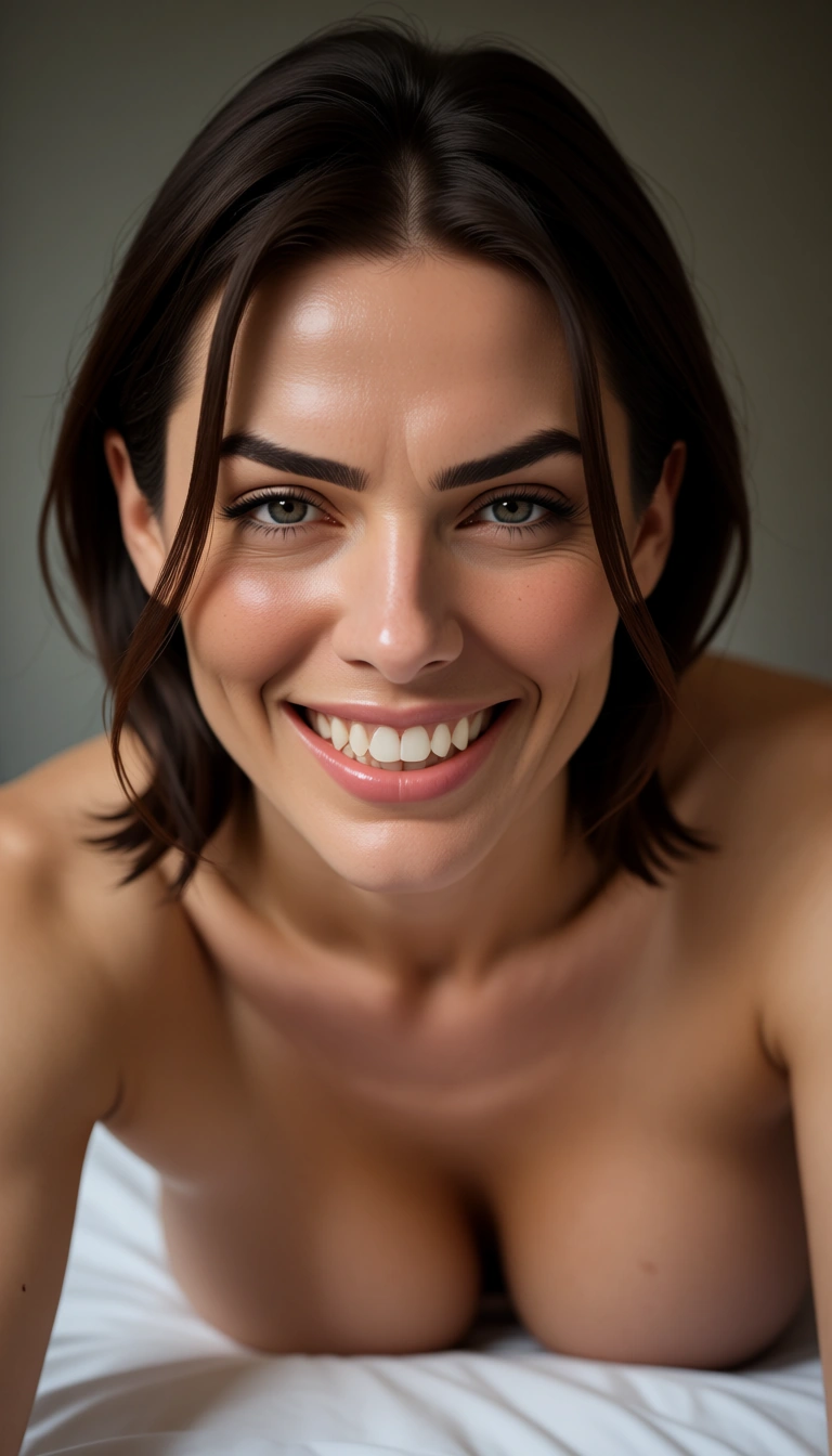 8k, sharp focus, detailed skin, extreme close-up, office lady, teasing, bare shoulders, bed sheet, teasing grin, photorealistic