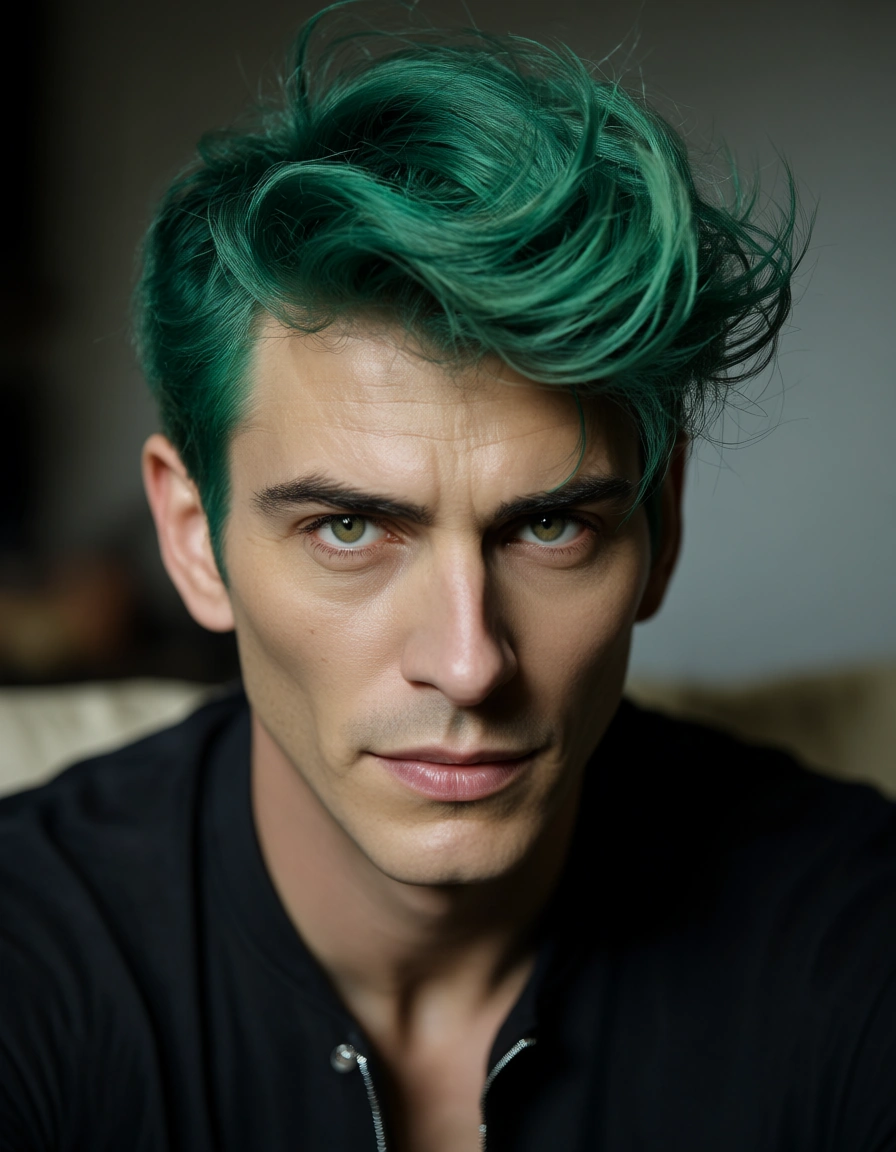 ultra HD, lifelike, male focus, green hair, tail, creampie, lifelike full_body, score_9, score_8, candid photo, realistic skin texture, visible skin pores, film grain, depth of field