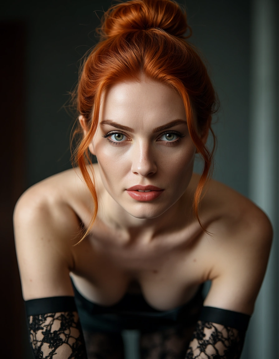 cinematic photo, 8k, redhead woman, hair bun, detached sleeves, bent over, natural skin texture, score_9, score_8, candid photo, realistic skin texture, visible skin pores, film grain, depth of field