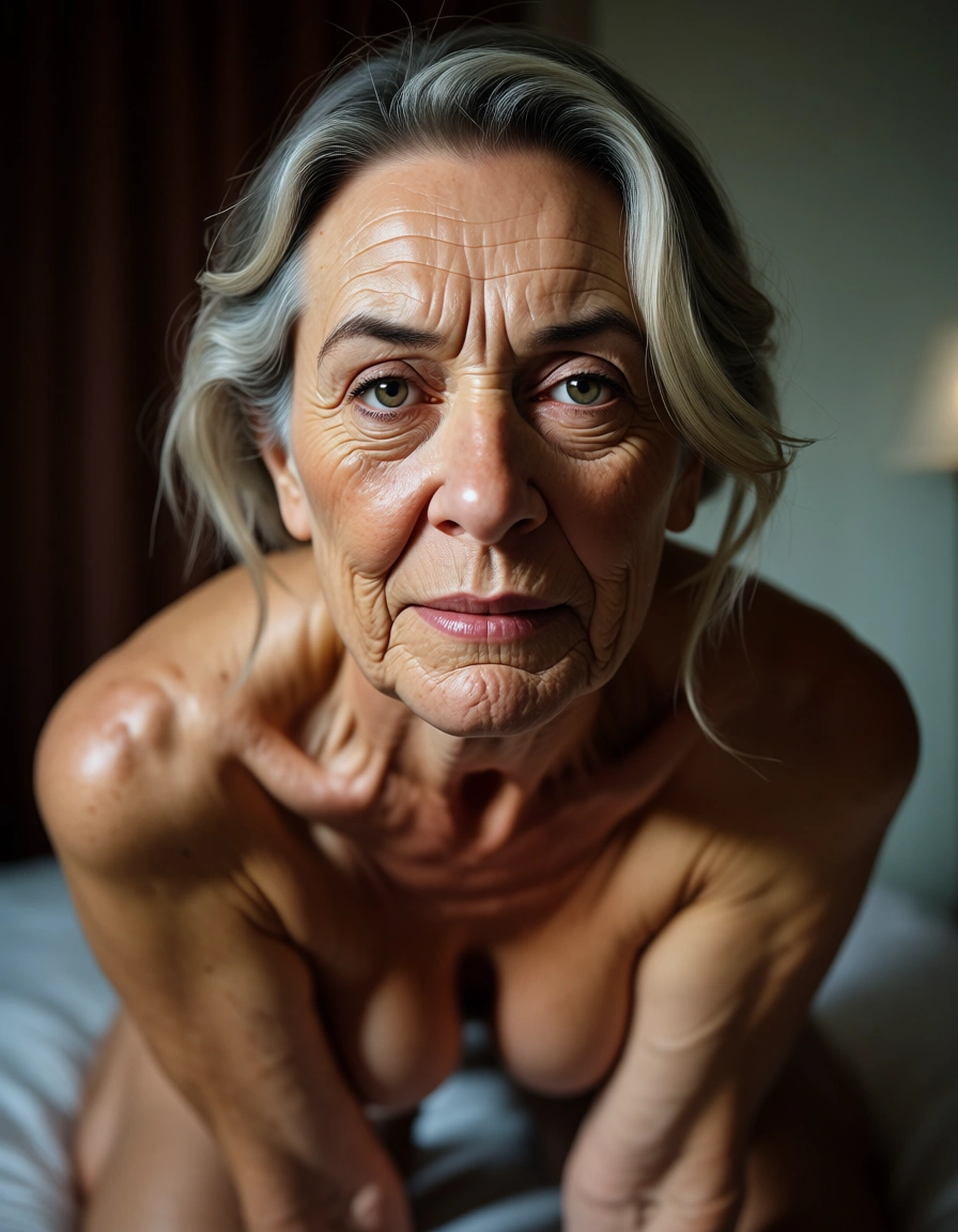 Older woman, mom type riding me and hanging over me, score_9, score_8, candid photo, realistic skin texture, visible skin pores, film grain, depth of field
