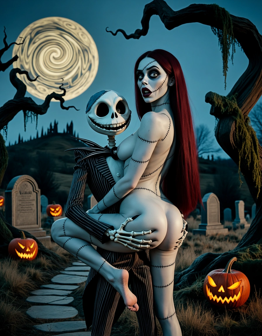 Create a sex scene of Sally from The Nightmare Before Christmas she’s fully naked with a thick and curvy hourglass body. She’s Face sitting on jack skellington. Jake Face is  skull with dark hollow eye sockets, and a big crooked grin and doesn’t have hair Jack Skellington* looks like a skinny, jack is skeletal man with *pale blue/white bony, **dark eye sockets, and a ragged black pinstripe suit, topped with a patchy pin-cushion “pumpkin” head and a crooked grin.. Jack is grabbing her ass, sally is showing heavy orgasm face, pale sky-blue skin covered with visible black thread stitches all over the body across face, neck, arms, and legs, very long straight dark red auburn hair, large round expressive eyes with tiny black pupils, deep red maroon lipstick, dark gothic claymation stop-motion aesthetic. gritty comic book art style , high-contrast chiaroscuro lighting, heavy black ink shadows, aggressive cross-hatching, sharp deep shadow casting, muted dark color palette, stylized angular anatomical proportions, dramatic edgy pose, dark graphic illustration, high detail. dark, spooky Halloweentown graveyard setting at dusk, filled with twisted, jagged trees and overgrown, mossy vines. Ancient, weather-beaten tombstones are silhouetted against a deep indigo sky illuminated by a swirling, sickly pale yellow spiral-patterned full moon. Strange, glowing pumpkins with jagged carved faces rest near the roots of the trees. The ground is dry earth and patchy dark grass, with a winding, cracked stone path leading towards a dark, crooked hill in the distance. The overall aesthetic is dark and whimsical., score_9, score_8, candid photo, realistic skin texture, visible skin pores, film grain, depth of field