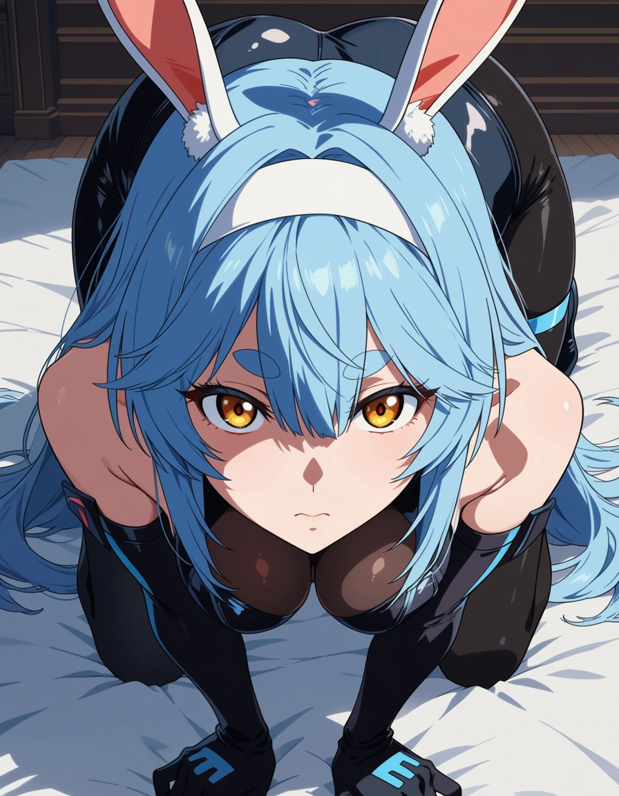(anime style:1.3), 2d, anime screencap, cel shading, flat color, highly detailed, sharp, bunny girl, gloves, on all fours, portrait, manga panel look