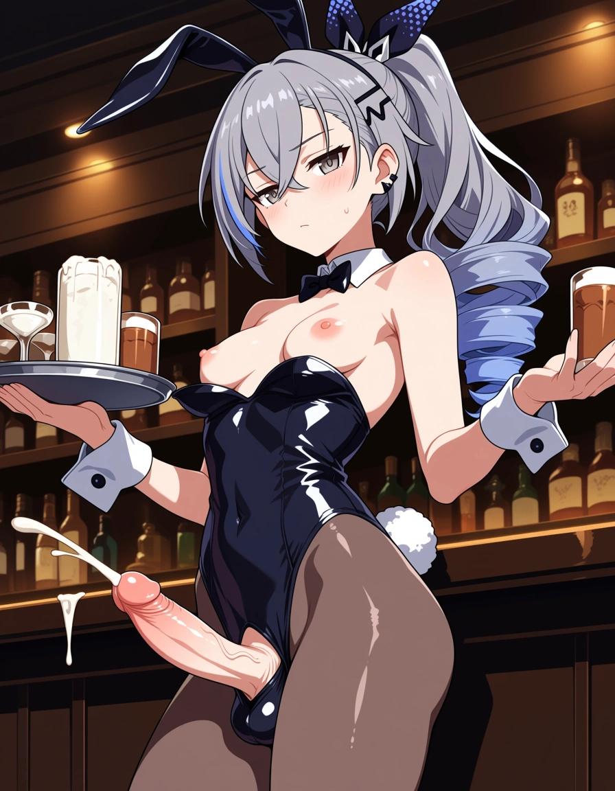 (anime style:1.3), 2d, anime screencap, cel shading, flat color, nipples , bunny costume , futanari , solo , erection , bar counter , cock in cum , tray in hands , glass on tray , cum in glass , breasts_out  , Silver Wolf from honkai star rail