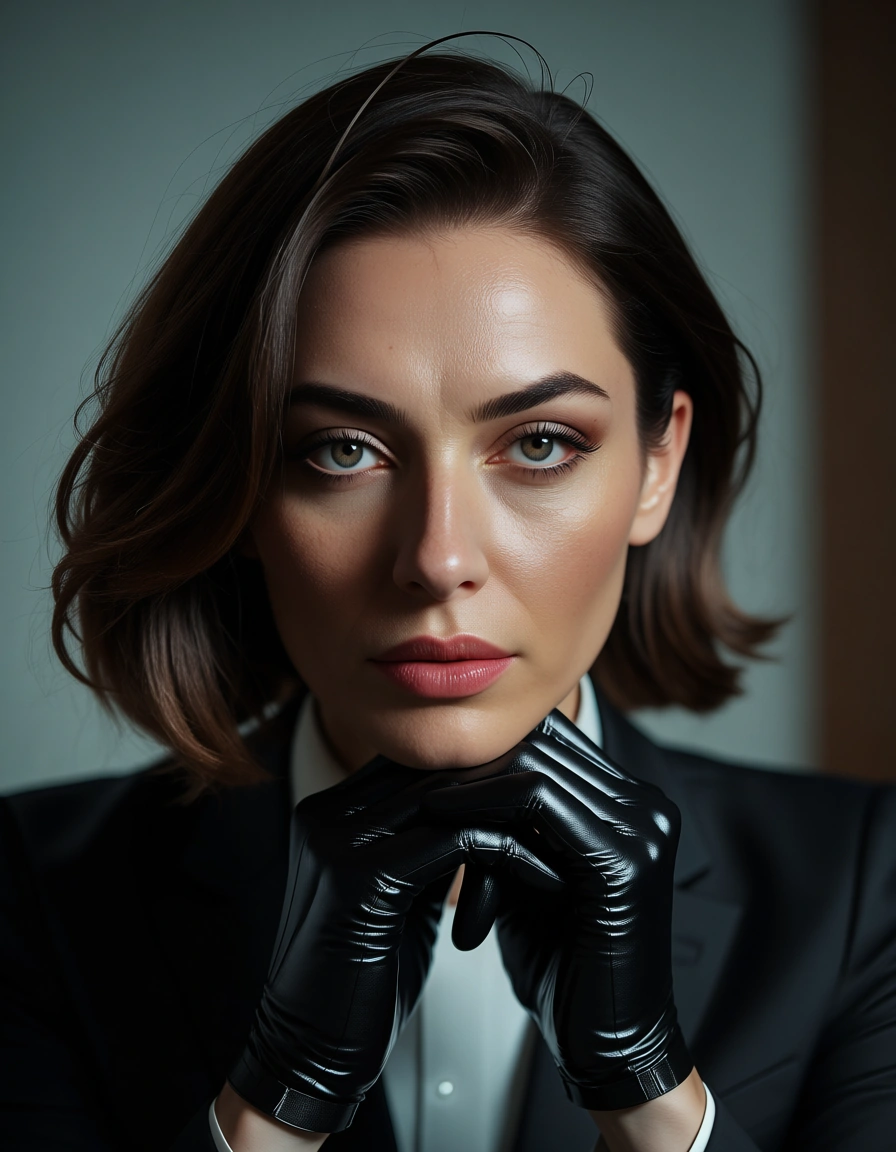 sharp focus, 8k uhd, office lady, ahoge, gloves, futanari, cinematic realism, score_9, score_8, candid photo, realistic skin texture, visible skin pores, film grain, depth of field