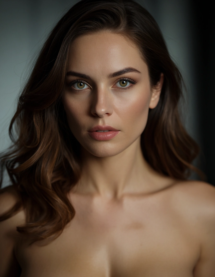 Excella Gionne, naked, score_9, score_8, candid photo, realistic skin texture, visible skin pores, film grain, depth of field