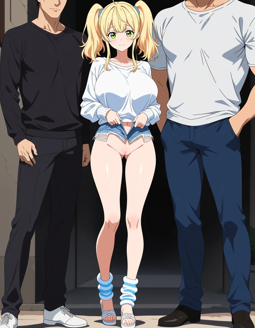 hentai anime art, petite blonde with twintails wearing sweatshirt and shorts with leg_warmers and high heel sandals, large breasts, full body, exposed pussy, standing next to two men,, clean lineart, smooth cel shading, glossy highlights, saturated warm colour, drawn illustration, strikingly beautiful, radiant complexion, early twenties, (anime style:1.3), 2d, anime screencap, cel shading, flat color