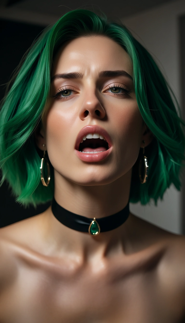studio quality, sharp focus, solo, green hair, choker, moaning, cinematic realism