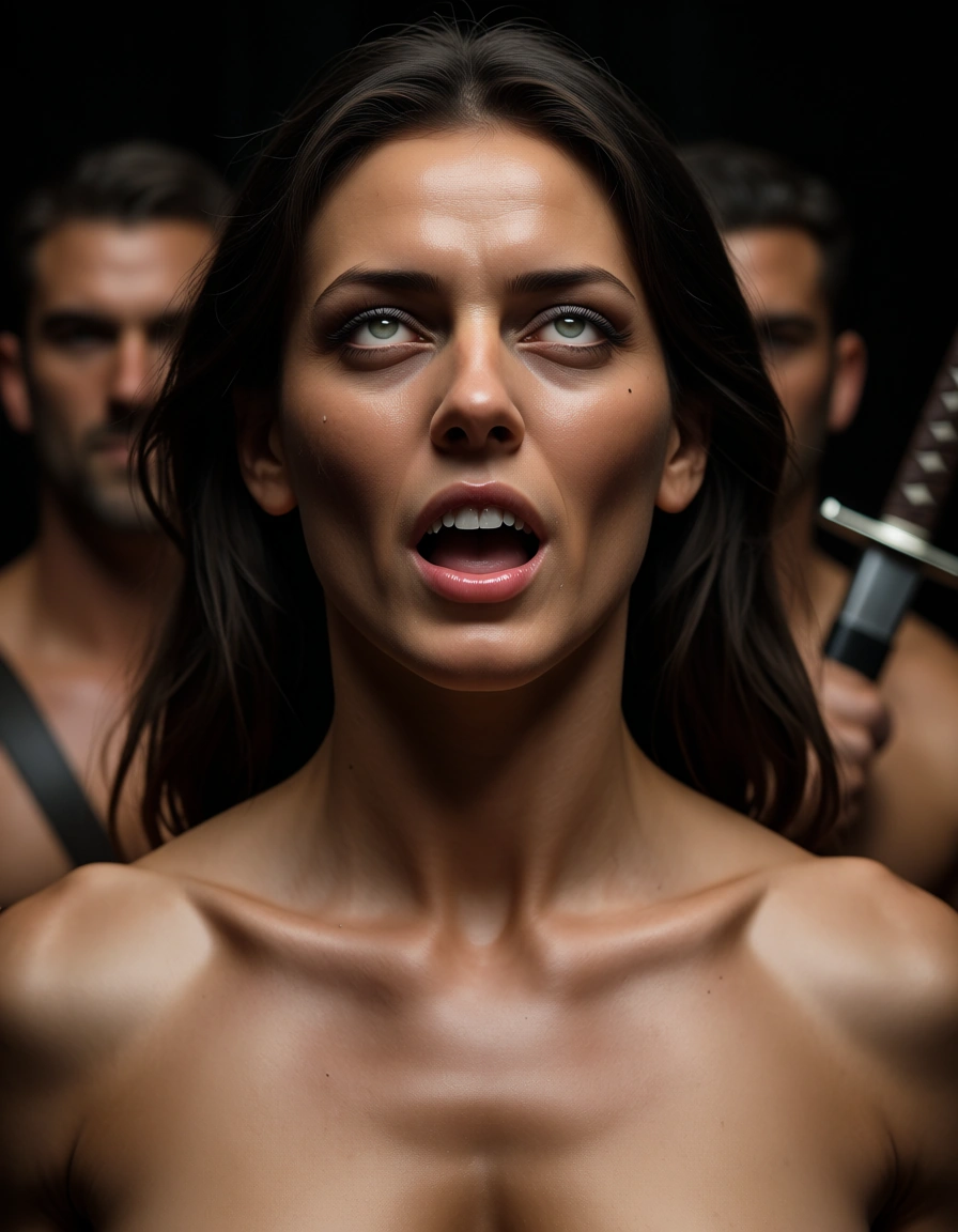 8k, sharp focus, detailed skin, solo focus, toned body, weapon, ahegao, portrait, 8k uhd photo indian, score_9, score_8, candid photo, realistic skin texture, visible skin pores, film grain, depth of field