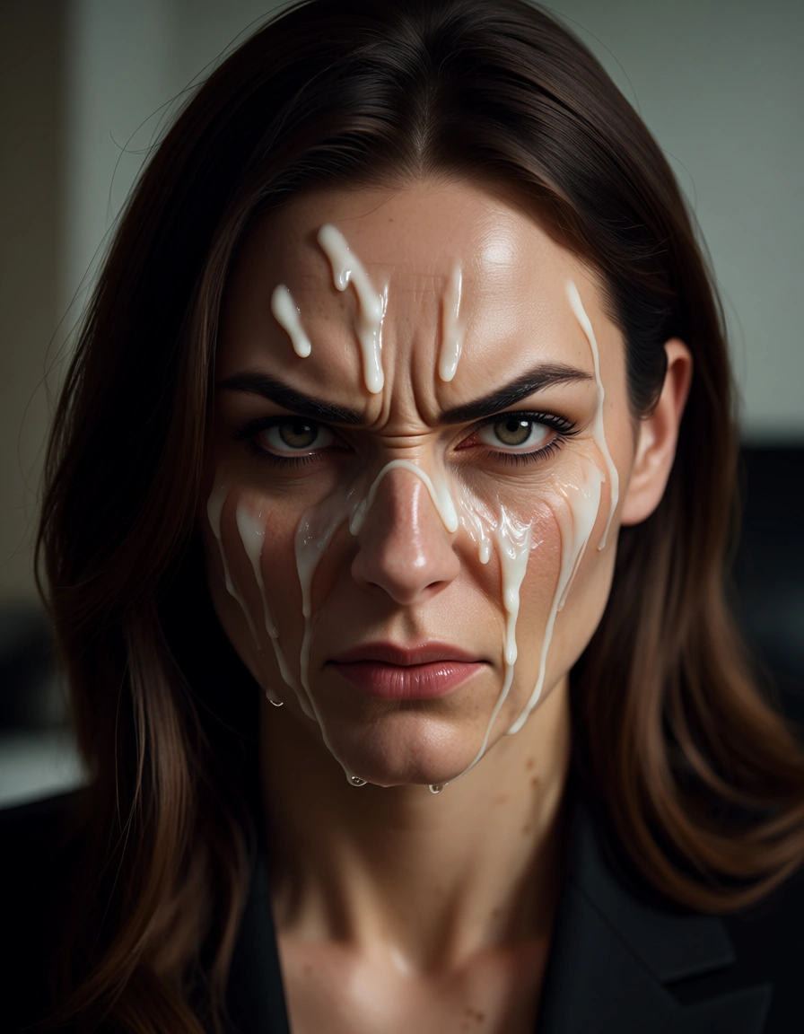 ultra HD, lifelike, office lady, extremely angry woman, crying, closed mouth, facing the camera, face covered with thick smears of cum, score_9, score_8, candid photo, realistic skin texture, visible skin pores, film grain, depth of field