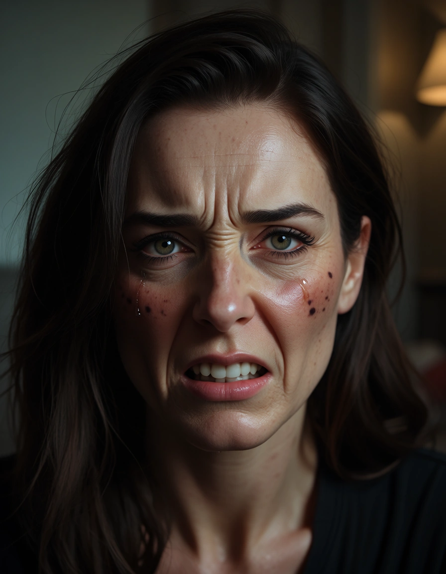 extremely_angry_woman, crying, clenched_teeth , facing_viewer , facial, score_9, score_8, candid photo, realistic skin texture, visible skin pores, film grain, depth of field,, score_9, score_8, amateur photo, phone snapshot, realistic skin texture, skin blemishes, soft indoor lighting