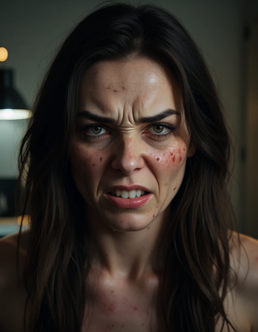 extremely_angry_woman, crying, clenched_teeth , facing_viewer , facial, score_9, score_8, candid photo, realistic skin texture, visible skin pores, film grain, depth of field,, score_9, score_8, amateur photo, phone snapshot, realistic skin texture, skin blemishes, soft indoor lighting, score_9, score_8, candid photo, realistic skin texture, visible skin pores, film grain, depth of field