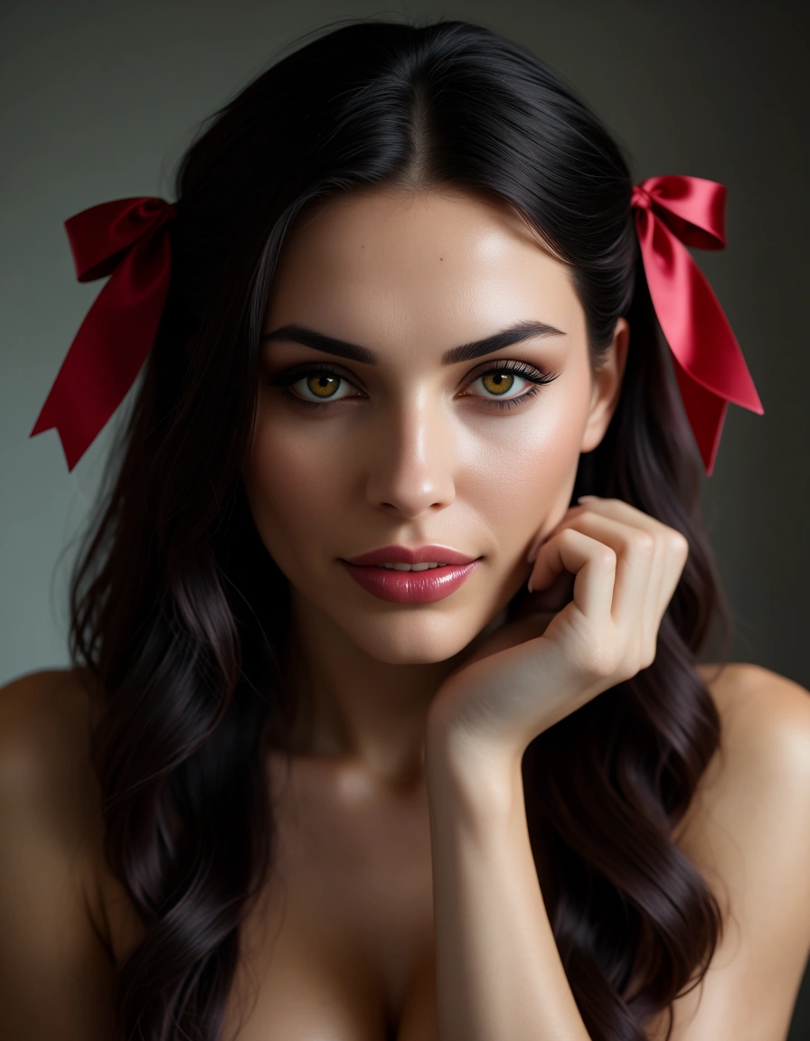 professional photo, high detail, succubus, hair ribbon, ribbon, presenting, 8k uhd photo, score_9, score_8, candid photo, realistic skin texture, visible skin pores, film grain, depth of field