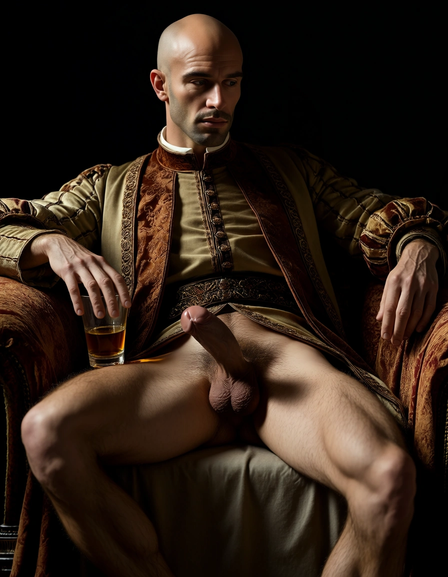 Hyper-realistic cinematic portrait in Late Renaissance style, no hat, head and face rendered with extreme anatomical precision and skin texture. He is posed sitting, lounging on a preiod renaissance seat, legs slightly open with full hard cock and balls showing. hwe is looking at a glass of wne, The upper body is dressed in authentic, highly detailed Late Renaissance period clothing with rich fabric textures like velvet and linen. From the waist down, he is completely naked, revealing anatomically correct and hyper-realistic genitalia, featuring a large, natural, well-defined hard cock and realistic hairy testicles. His legs are slightly hairy with fine, realistic hair detail. Dramatic chiaroscuro lighting, oil painting aesthetic, masterpiece quality, 8k resolution, intricate skin pores, soft ambient light hitting the musculature, historical fine art composition., score_9, score_8, candid photo, realistic skin texture, visible skin pores, film grain, depth of field