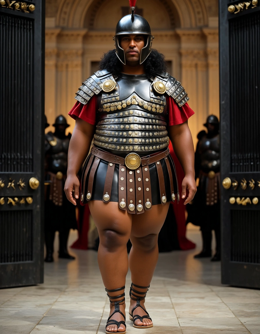 futa roman praetorian guard roman black metal helmet roman black metal segmentata armor roman black leather skirt roman black leather sandals roman black metal scutum shield roman gladius sword chubby tall dark skin black hair bimbo guarding gate luxury marmol halllway fat, bulge, thick_thighs, roman, rome, servant,, score_9, score_8, candid photo, realistic skin texture, visible skin pores, film grain, depth of field