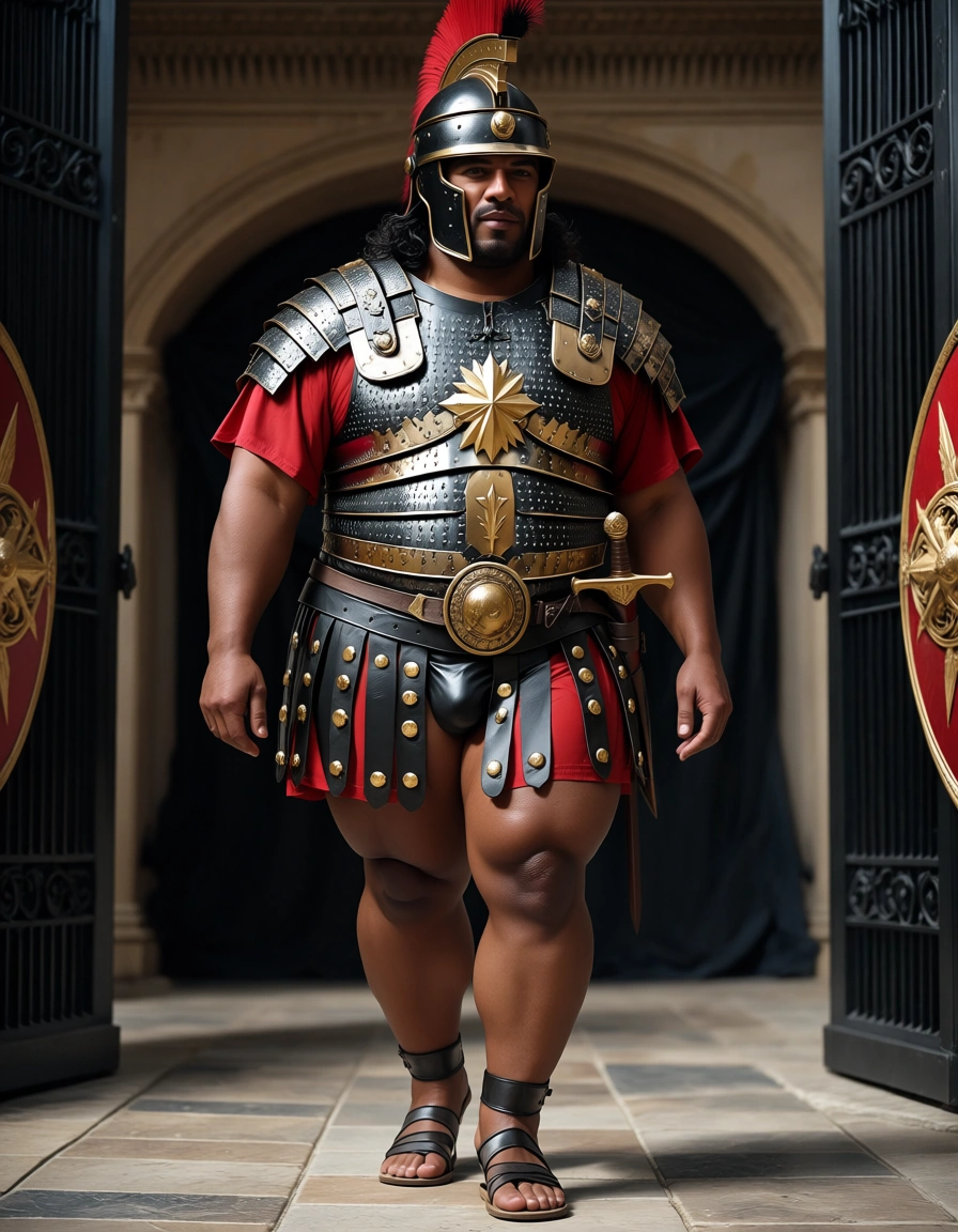 futa roman praetorian guard roman black metal helmet roman black metal segmentata armor roman black leather skirt roman black leather sandals roman black metal scutum shield roman gladius sword chubby tall dark skin black hair bimbo guarding gate luxury marmol halllway fat, bulge, thick_thighs, roman, rome, servant,, score_9, score_8, candid photo, realistic skin texture, visible skin pores, film grain, depth of field, score_9, score_8, candid photo, realistic skin texture, visible skin pores, film grain, depth of field