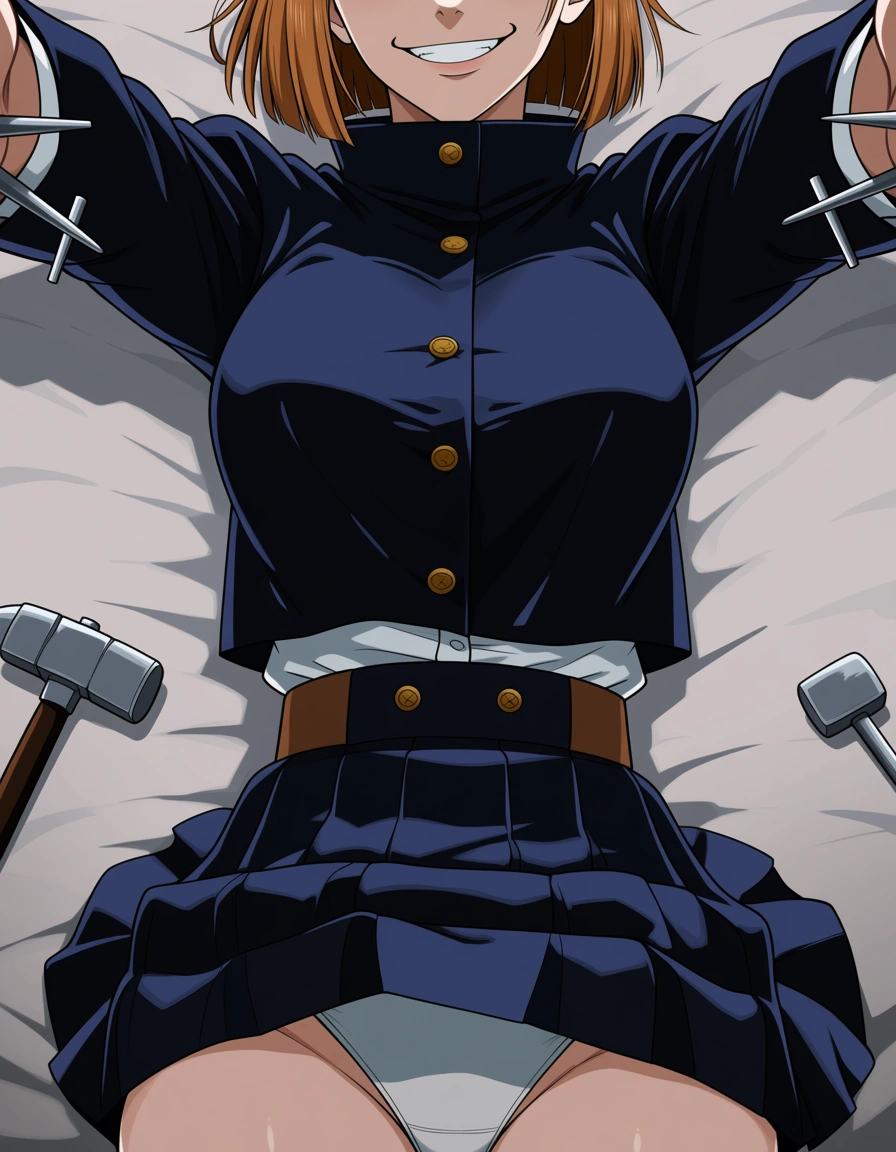 Nobara Kugisaki from the anime Jujutsu Kaisen: She’s wearing her uniform and is lying on a bed. Her arms are extended up, and a nail (from her trademark nail + hammer attach style) is shown as going through each sleeve, pinning her down. Her skirt is riding up, exposing her white panties. Her hammer is on her left side. Nobara has a smirk on her face., hentai_studio_quality