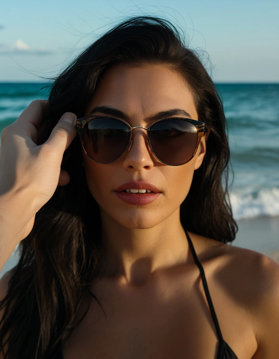 professional photo, high detail, POV, demon woman, bondage, sunglasses, ocean, tender moment, hyperrealistic, score_9, score_8, candid photo, realistic skin texture, visible skin pores, film grain, depth of field