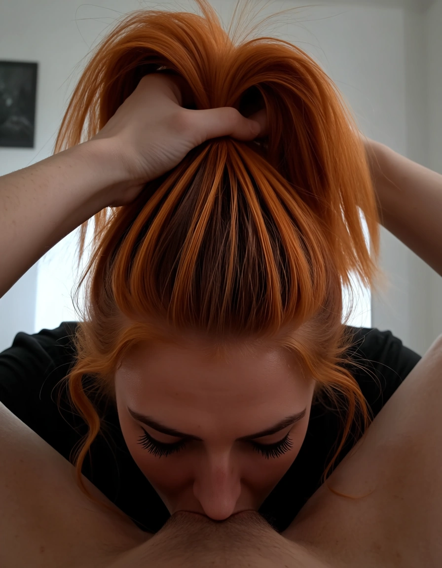 pov , petite , ginger hair short messed up pulled smoothy at a high ponytail , regualar ponytail texture , deepthroating , amateur photo, phone snapshot, realistic skin texture, realistic hair texture , woman has the head downward on the dick deepthroating , evidence the up of ponytail, score_9, score_8, amateur photo, phone snapshot, realistic skin texture, skin blemishes, soft indoor lighting