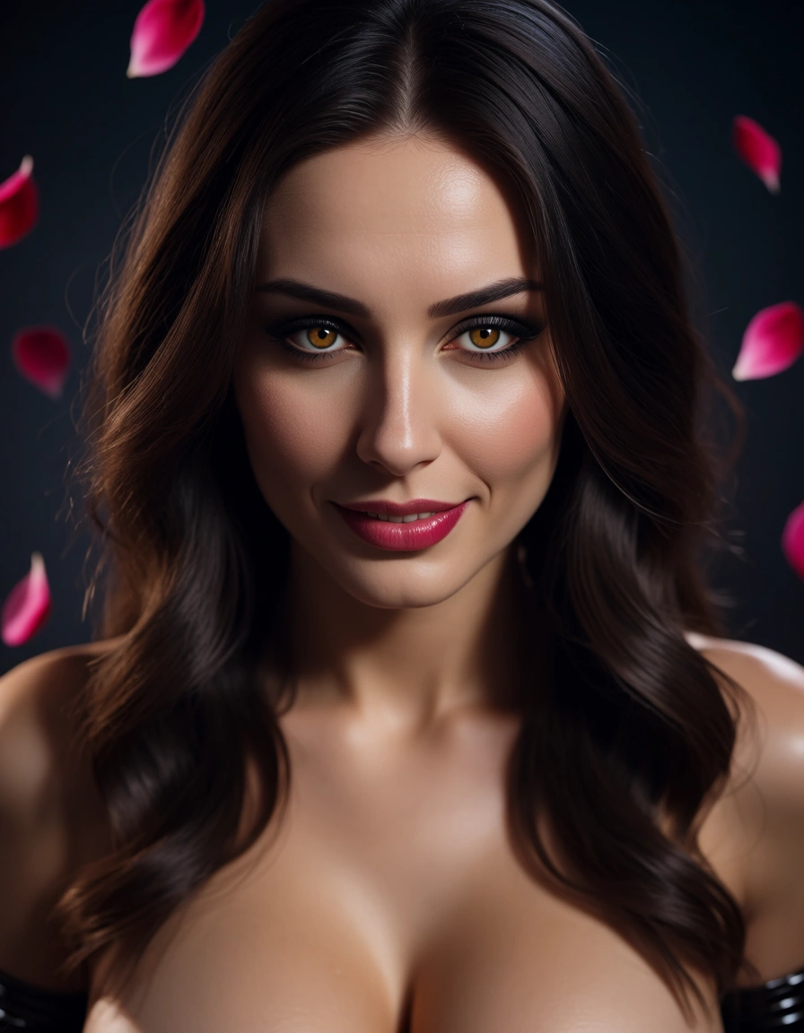 ultra HD, lifelike, POV, succubus, facesitting, curvy figure, petals, cinematic realism, score_9, score_8, candid photo, realistic skin texture, visible skin pores, film grain, depth of field