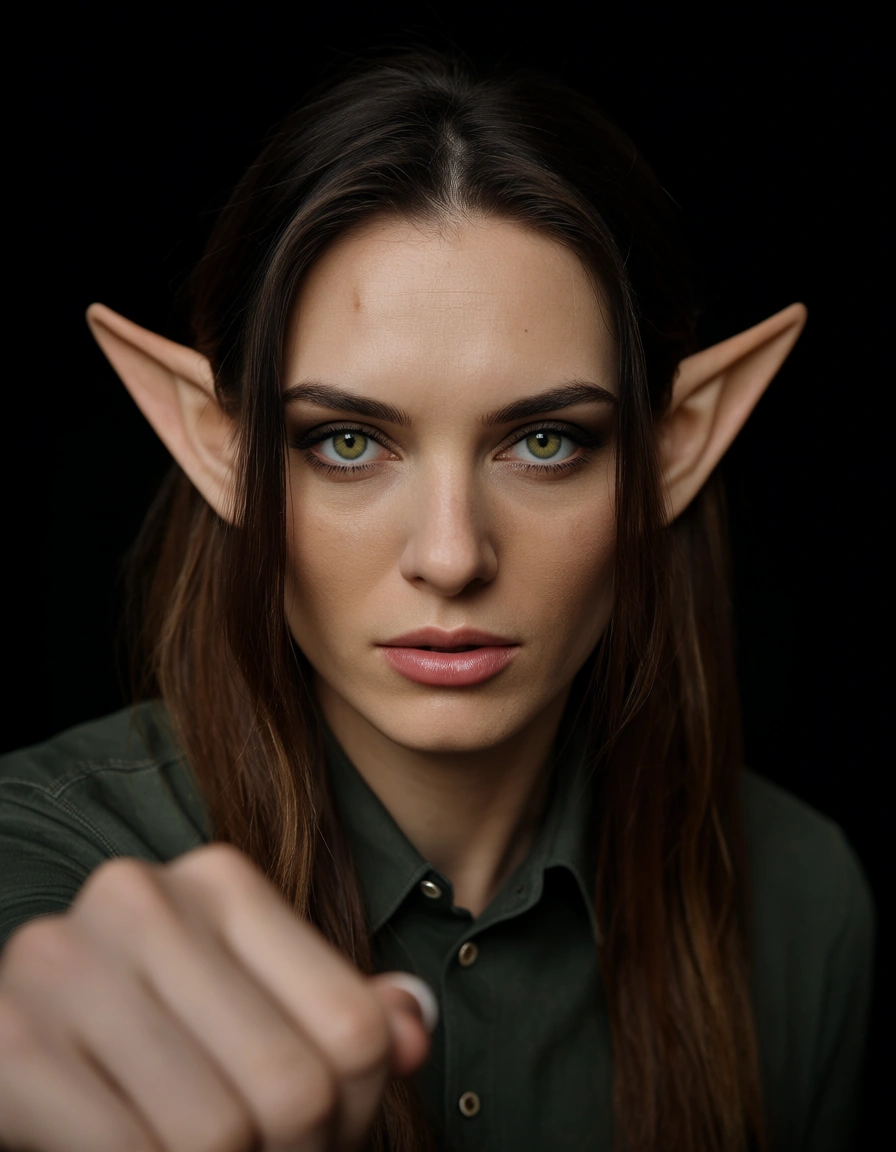sharp focus, 8k uhd, solo focus, pointy ears, collared shirt, futanari, black background, over the shoulder, natural skin texture, score_9, score_8, candid photo, realistic skin texture, visible skin pores, film grain, depth of field