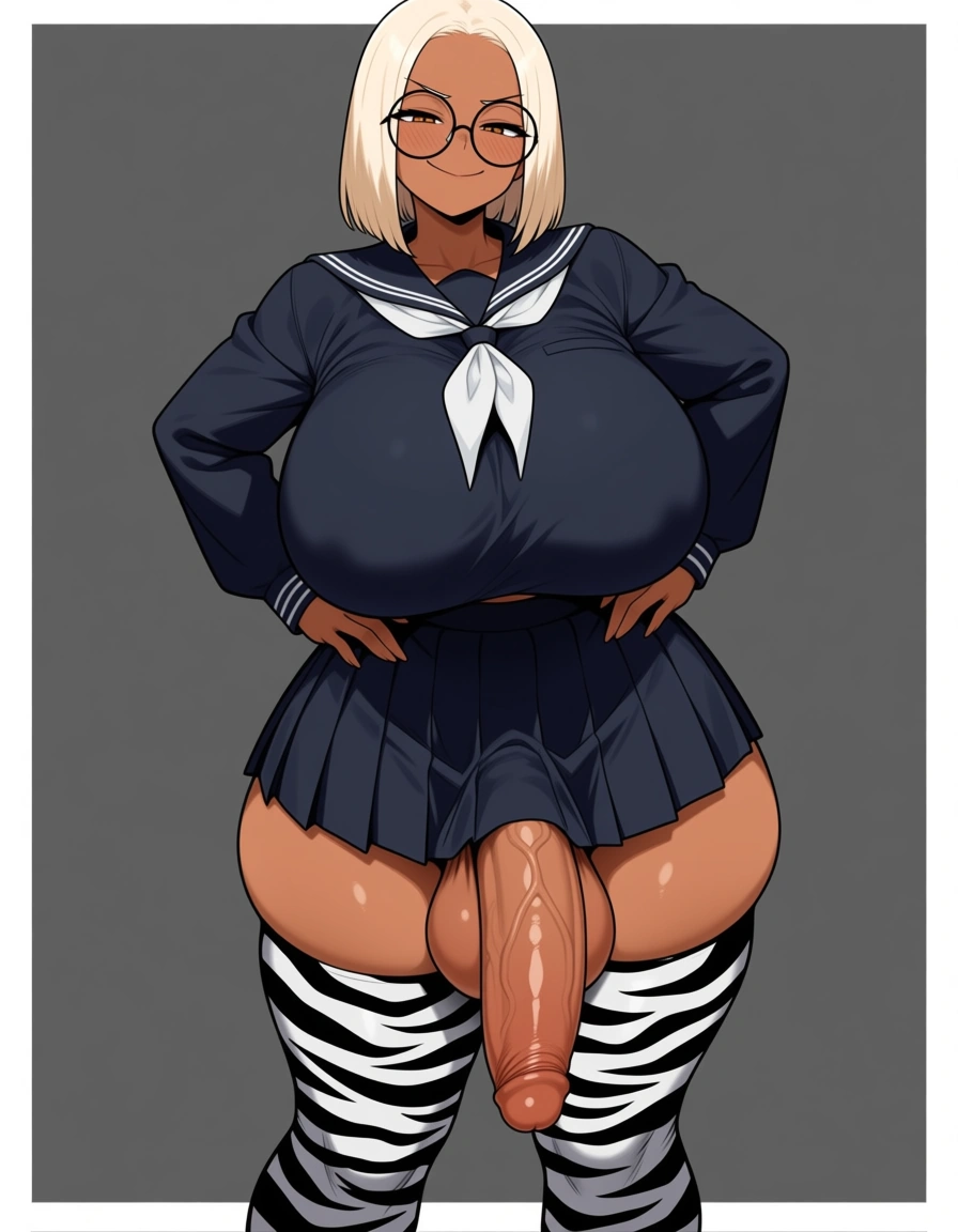 a smug woman with an enormous flaccid penis, she's wearing a school_uniform, she has brown skin and light blonde hair, she has no bangs, she has thick round glasses, she has zebra-print thighhighs, hentai_studio_quality