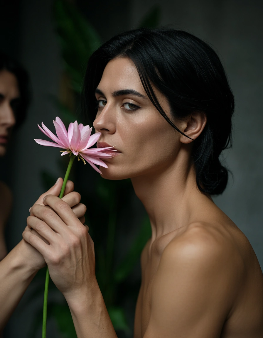 cinematic photo, 8k, 2boys, black hair, flower, futanari, studio photo, score_9, score_8, candid photo, realistic skin texture, visible skin pores, film grain, depth of field