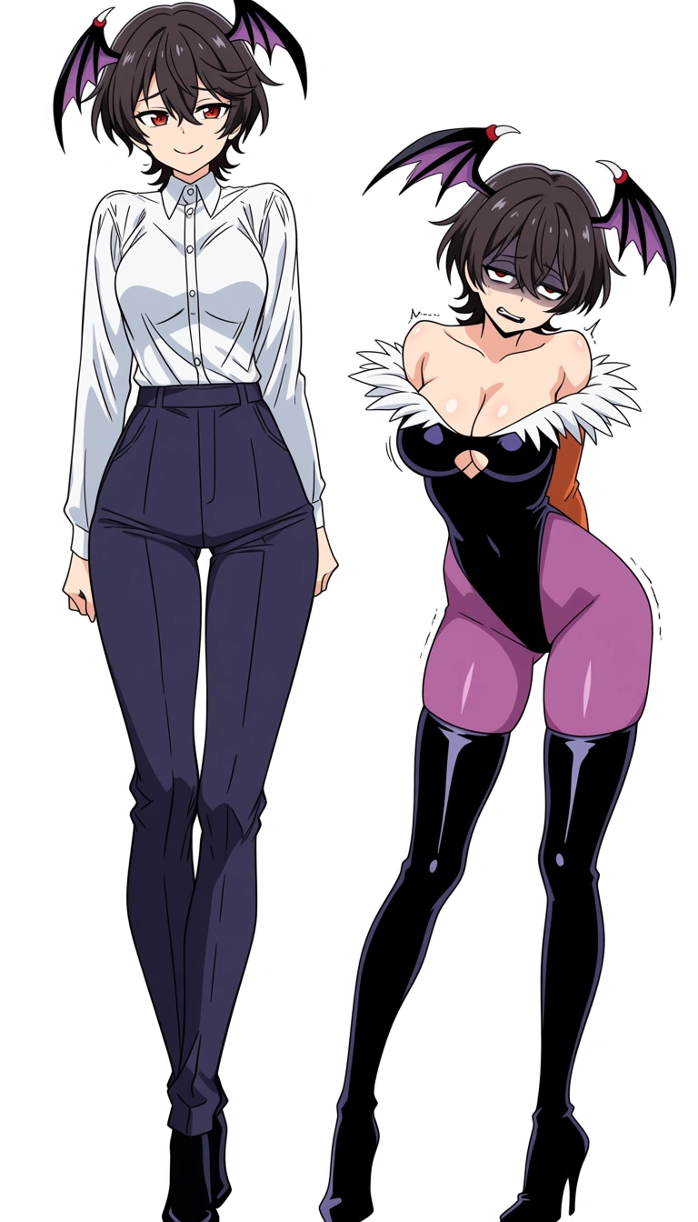 Kind looking anime tomboy wears modest clothing and smiles, then looks scared and hurt while transforming, her breasts and ass grow, her thighs and hips grow, her waist shrinks, she grows taller, she grows bat wings on her head and back, her eyes become red, and her clothes transform into a skintight black thighless shoulderless sleevless skinsuit that reveales her hips and shoulders and has a cleavage hole to reveal her whole celavage and thigh high black stiletto boots, black wet lipstick and eyeshadow, and her eyes turn red and look lazy and tired and evil and her scared lips turn into a seductive smile and does a sexy pose.