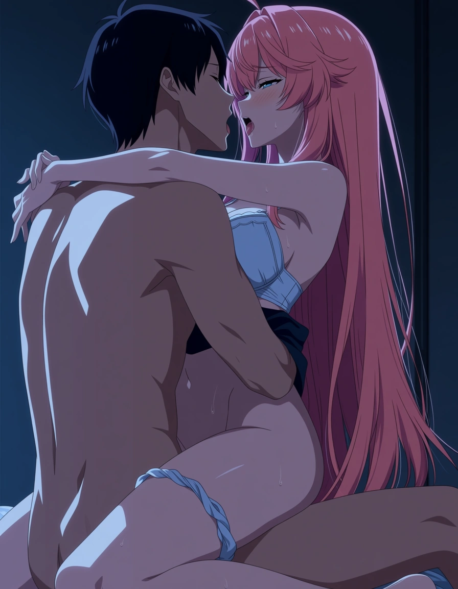ultra detailed, clean art, girl_on_top, 1girl, 1boy, bare arms, panties_around_one_leg, naughty_face, long hair, female orgasm, sensual, french_kiss, straddling, (anime style:1.3), 2d, anime screencap, cel shading, flat color, @hatsune_miku, (anime style:1.3), 2d, anime screencap, cel shading, flat color, @00osamio00