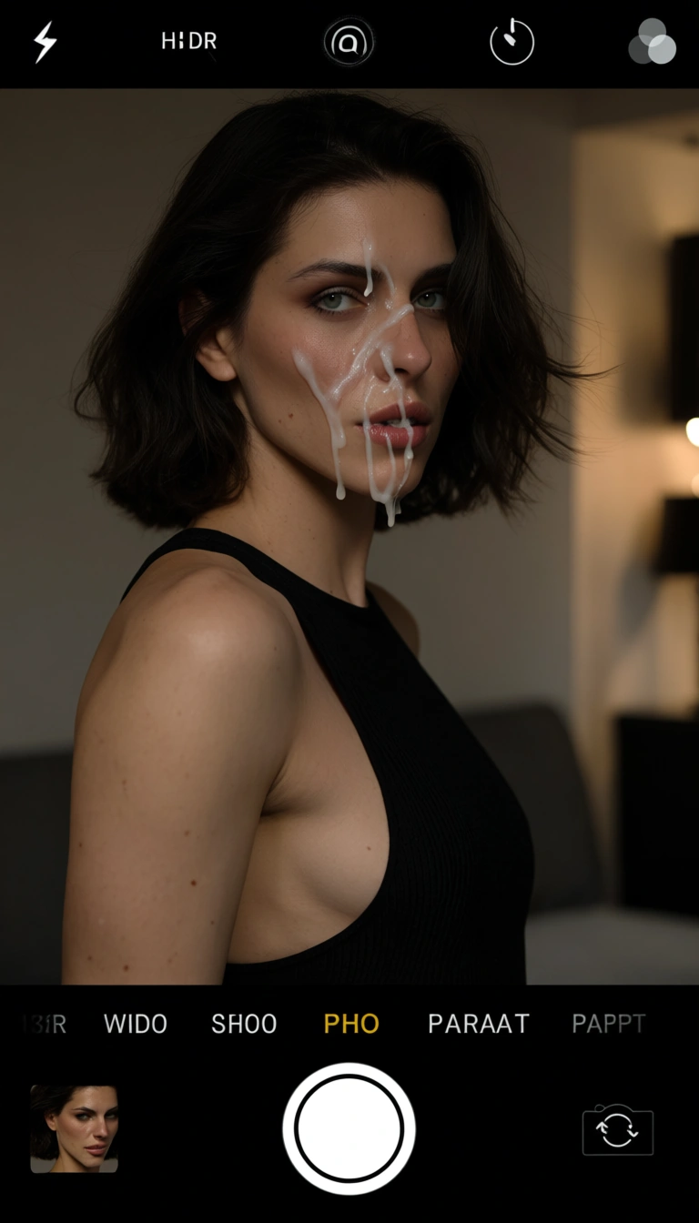 smartphone quality, natural, male focus, dancing, cum on face, sideboob, mysterious vibe, depth of field, casual photo