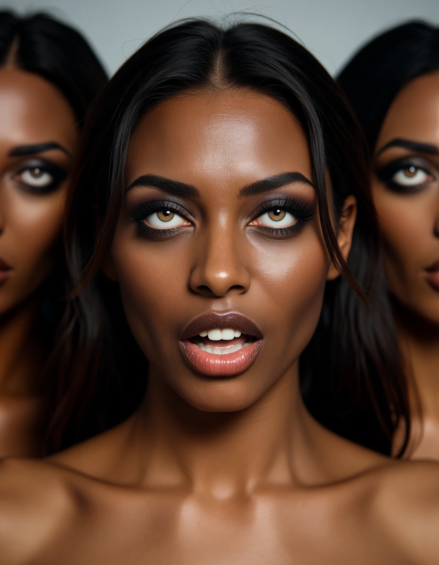 best quality, hyperrealistic, portrait, 5women, ahegao, dark-skinned female, smoldering look, photorealistic, score_9, score_8, candid photo, realistic skin texture, visible skin pores, film grain, depth of field