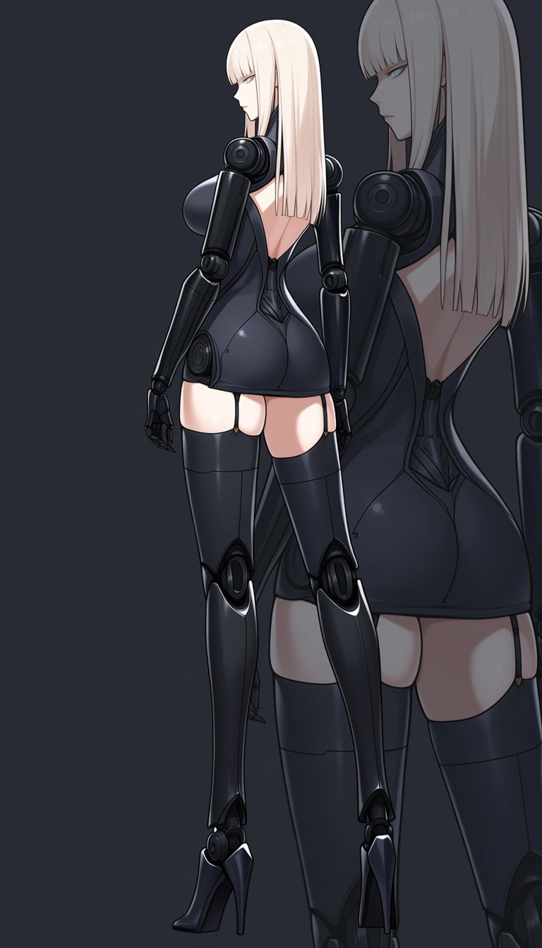 cibo_(blame!), tsutomu_nihei style, blame!, hime_cut, platinum blonde hair, black mechanical_arms, mechanical_legs, doll joints, cyborg girl, sleeveless, backless_outfit, thighhighs, garter_straps, standing, full_body, zoom_layer,, hentai_studio_quality